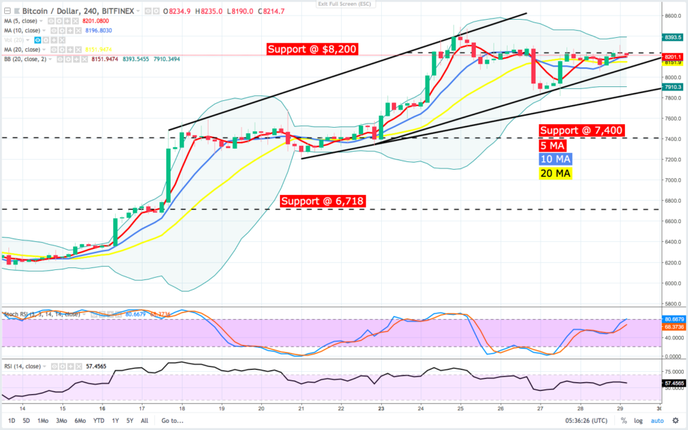 At the time of writing, both the RSI and Stoch are falling towards bearish territory but there is soft support at $ 7,940 and a sturdier support at $ 7,750 and $ 7,400. If BTC feel below the bullish trendline at $ 7,984 then a revisit to the $ 7,750 support could occur.