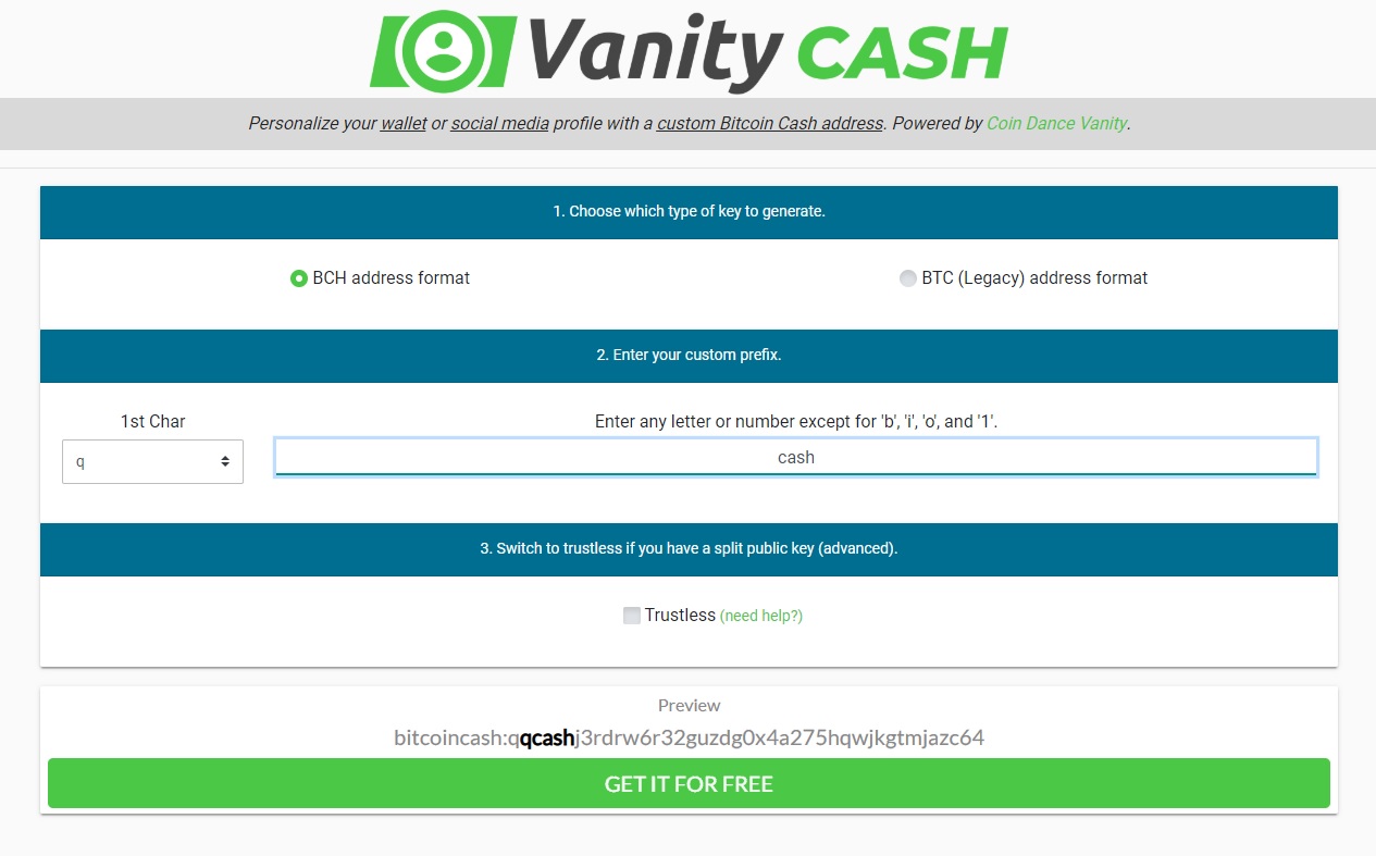 Create Your Custom BCH Address With Vanity.cash